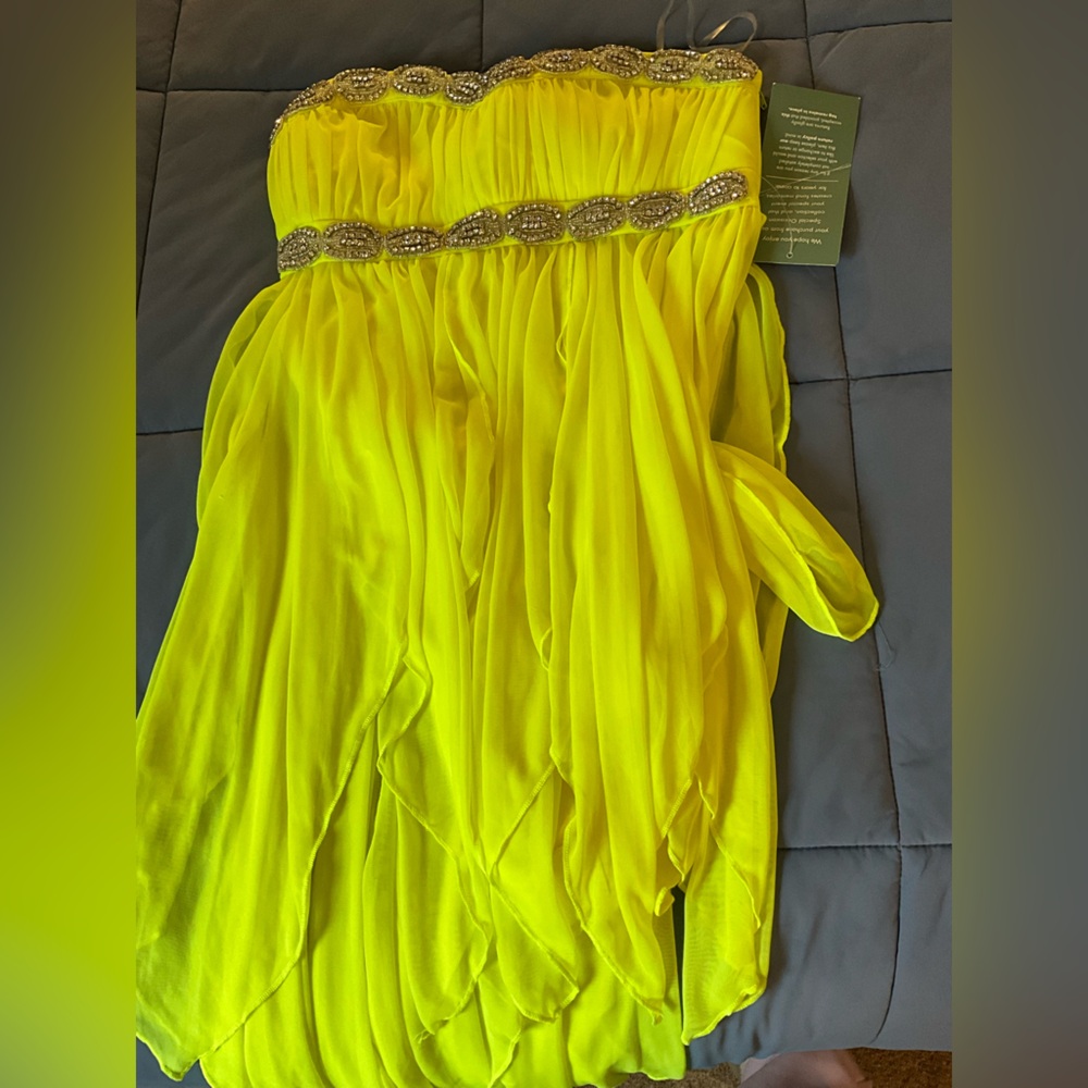 Strapless Neon Yellow Mini Dress with Beaded Trim for Prom or any occasion